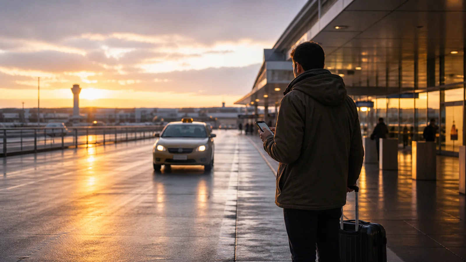 Voyageur préparant son trajet en taxi à l’aéroport