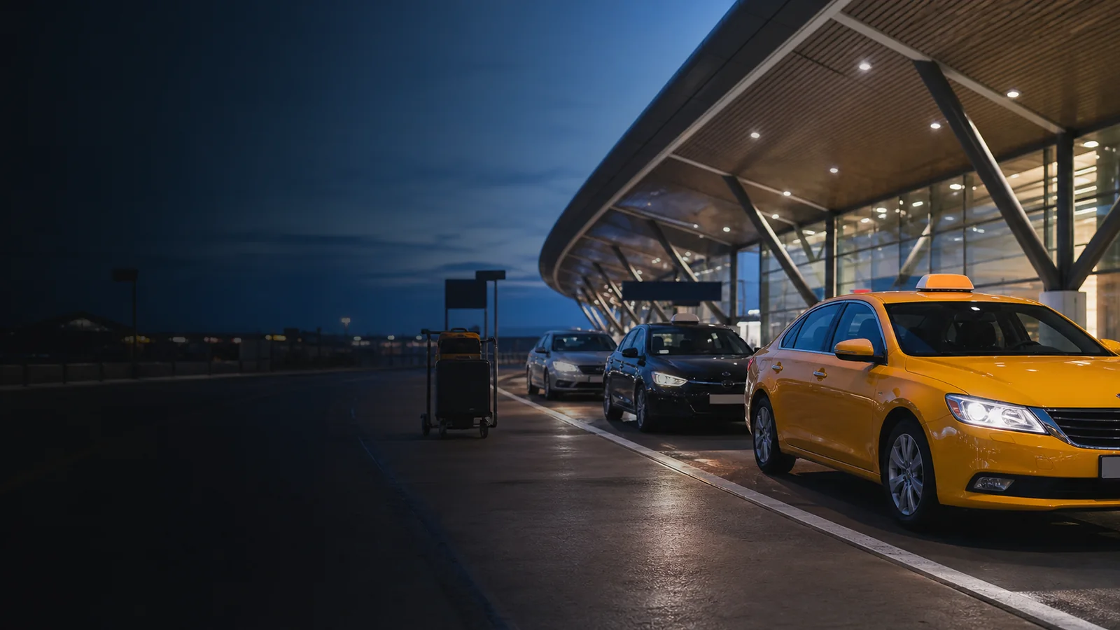 Airport curbside with an official taxi and pre-booked vehicles