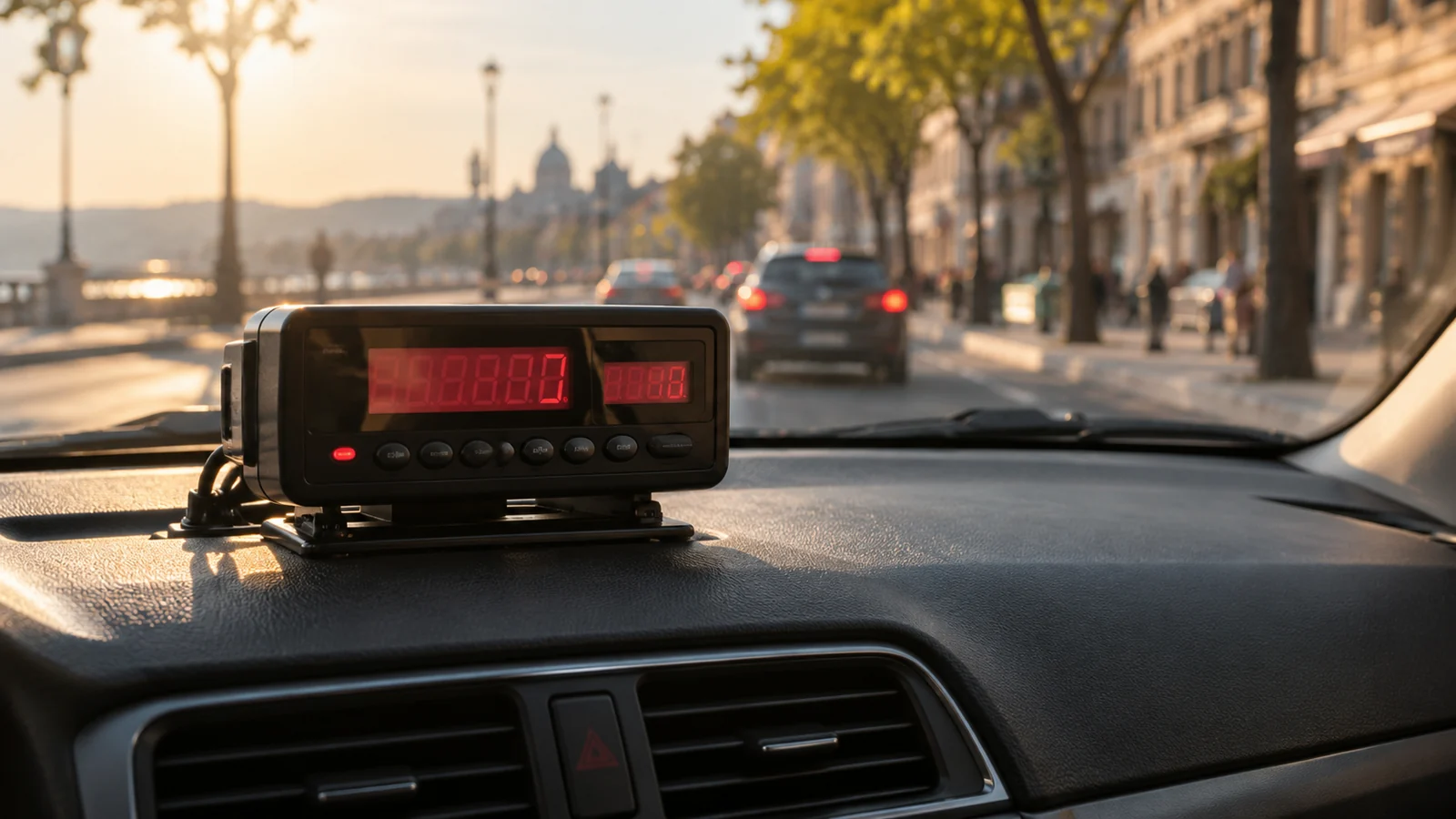 Illustration of an illuminated taximeter on a taxi dashboard