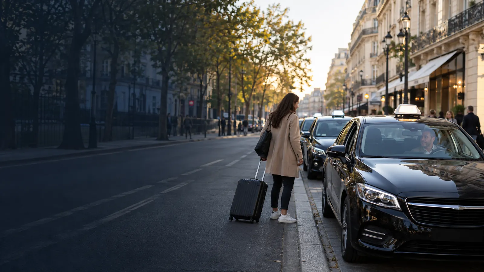 Une voyageuse rejoint un taxi dans une rue urbaine