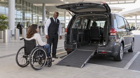 Illustration d’un taxi accessible avec sa rampe pour fauteuil roulant déployée