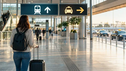 Voyageuse comparant les directions du train et des taxis dans un hall d’arrivée