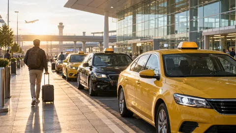 Illustration de taxis attendant devant un terminal aéroportuaire fictif
