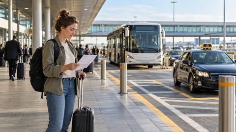 Voyageuse examinant son itinéraire près d’un autocar et d’un taxi d’aéroport