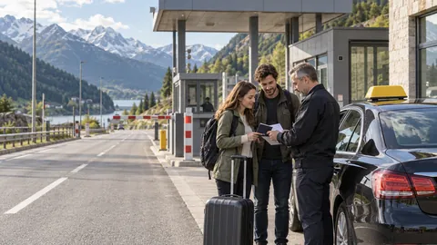 Viaggiatori controllano documenti accanto a un taxi al confine