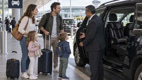 Famiglia incontra autista accanto a taxi con seggiolini in aeroporto