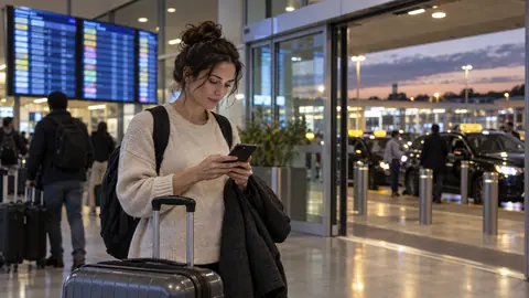Viaggiatrice controlla una nuova prenotazione nella hall aeroportuale di sera