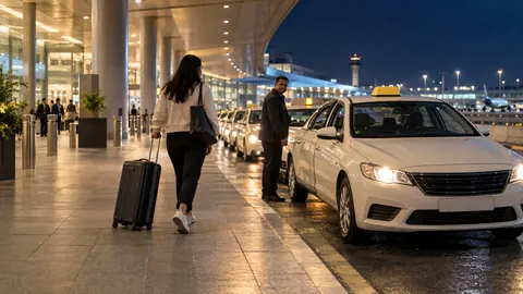 Voyageuse rejoignant la station officielle de taxis après la tombée de la nuit