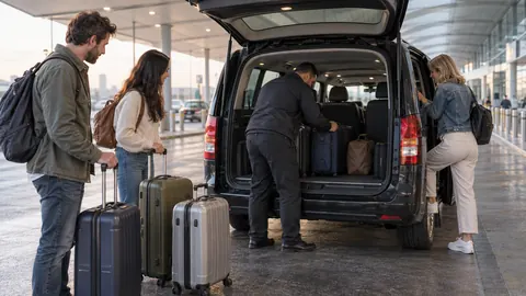 Groupe vérifiant la capacité bagages d’un taxi monospace à l’aéroport