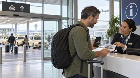 Viaggiatore chiede aiuto taxi con batteria scarica a un banco informazioni