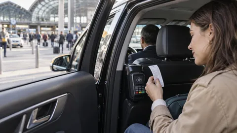 Viaggiatrice controlla una ricevuta accanto a un terminale contactless
