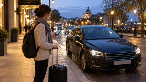 Illustration d’une voyageuse vérifiant sa voiture réservée sur son téléphone au crépuscule