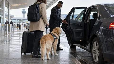 Viaggiatrice con cane guida sale su un taxi nella zona di prelievo