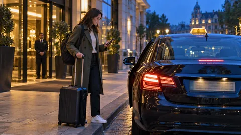 Viaggiatrice sola controlla taxi e prenotazione davanti a un hotel
