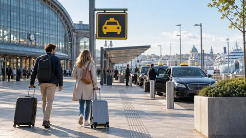 Viaggiatori seguono un segnale taxi davanti a stazione e terminal crociere