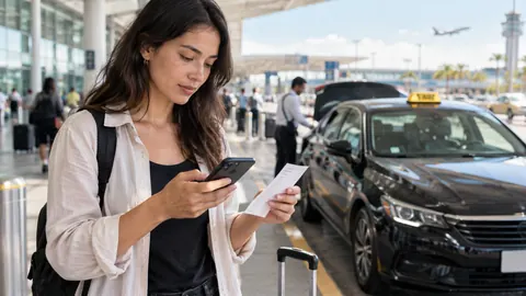 Voyageuse vérifiant un reçu de taxi et l’historique du trajet devant un aéroport