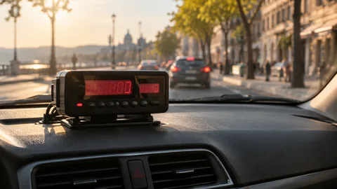 Illustration d’un taximètre lumineux sur le tableau de bord d’un taxi