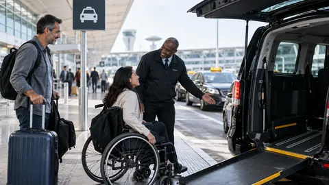 Viaggiatrice in sedia a rotelle incontra un autista accanto a un veicolo accessibile