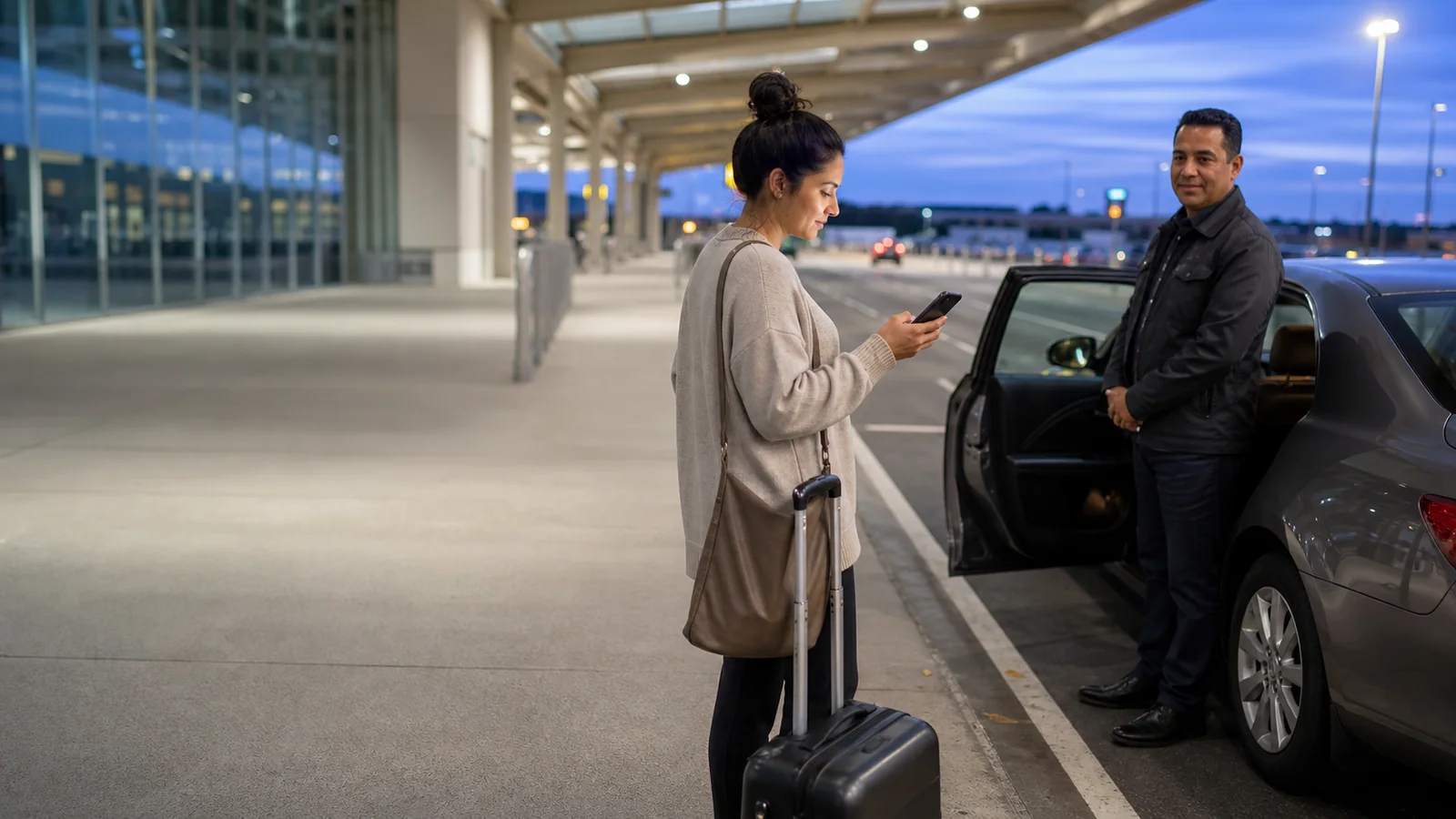 Traveller checking a pickup booking before entering a taxi